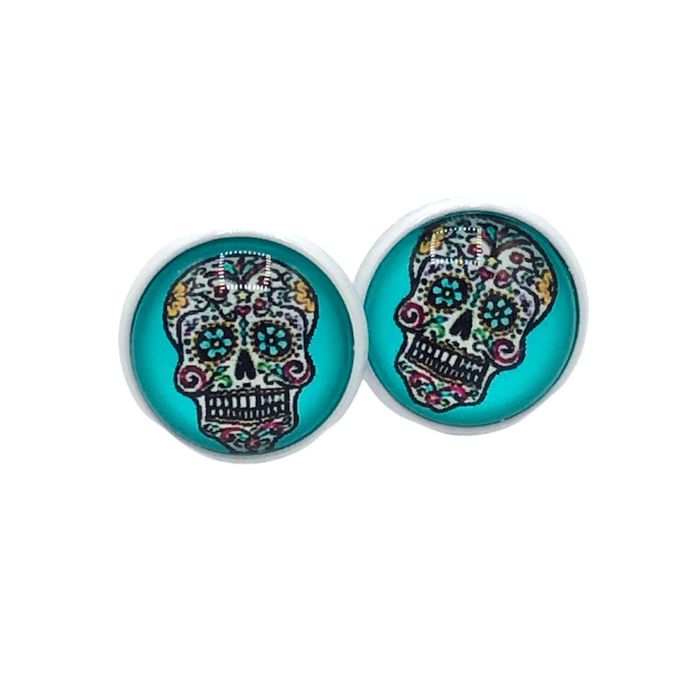 Blue Sugar Skull 12mm Post Back Stud Earrings!